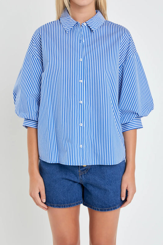 Striped Balloon Sleeve Shirt - Blue