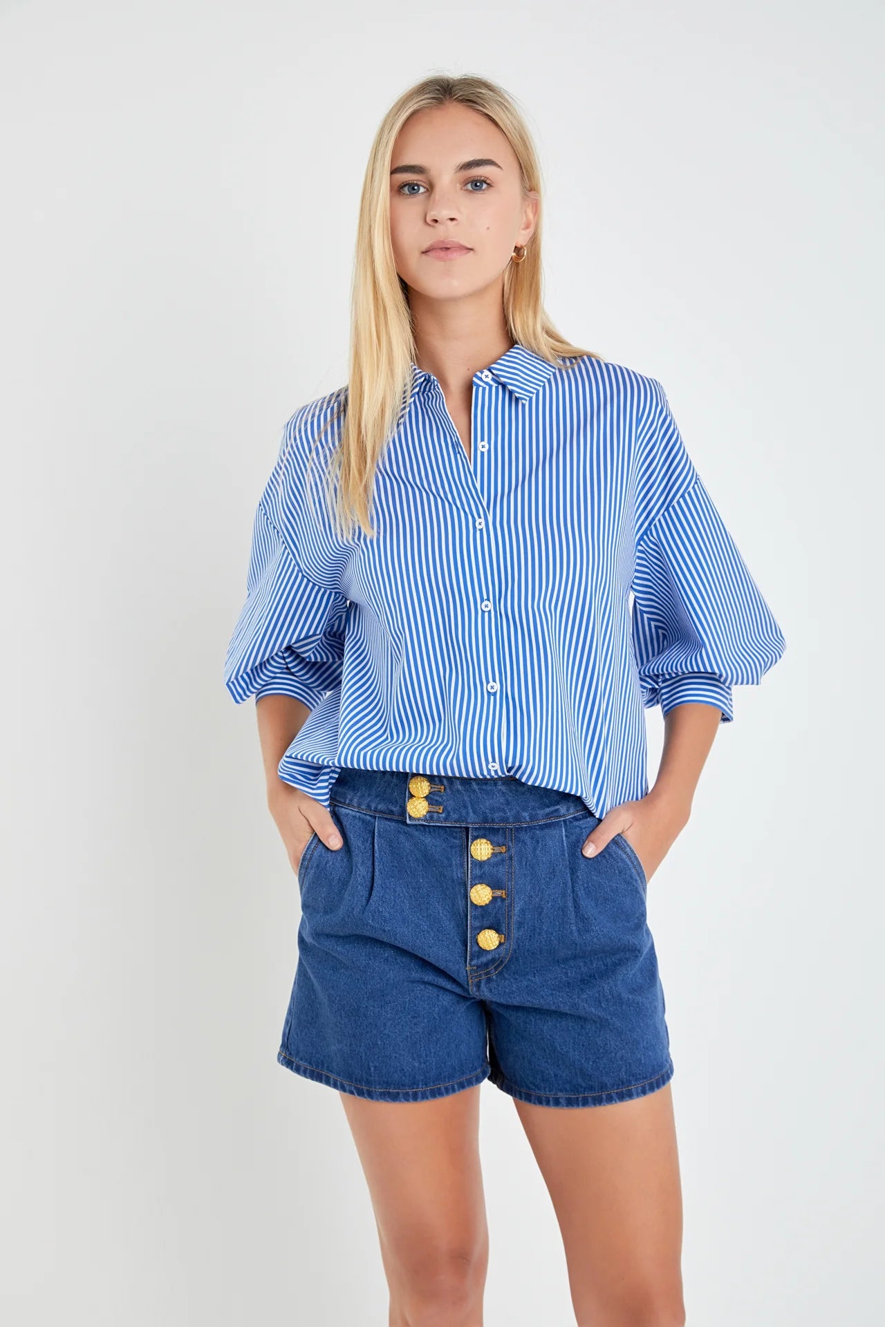 Striped Balloon Sleeve Shirt - Blue