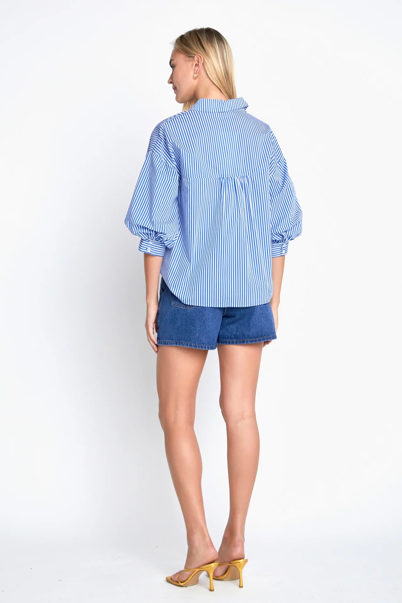 Striped Balloon Sleeve Shirt - Blue