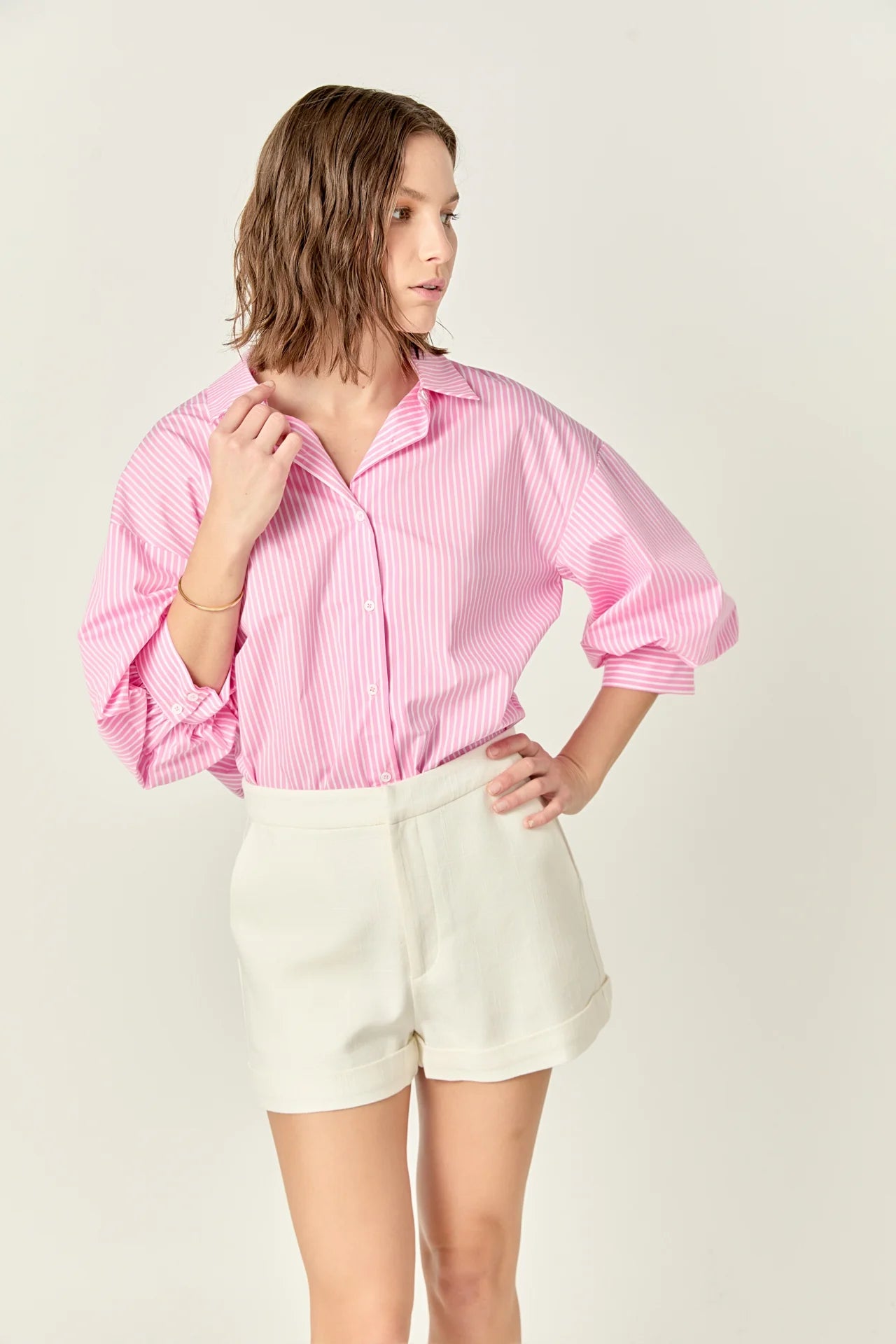 Striped Balloon Sleeve Shirt - Pink