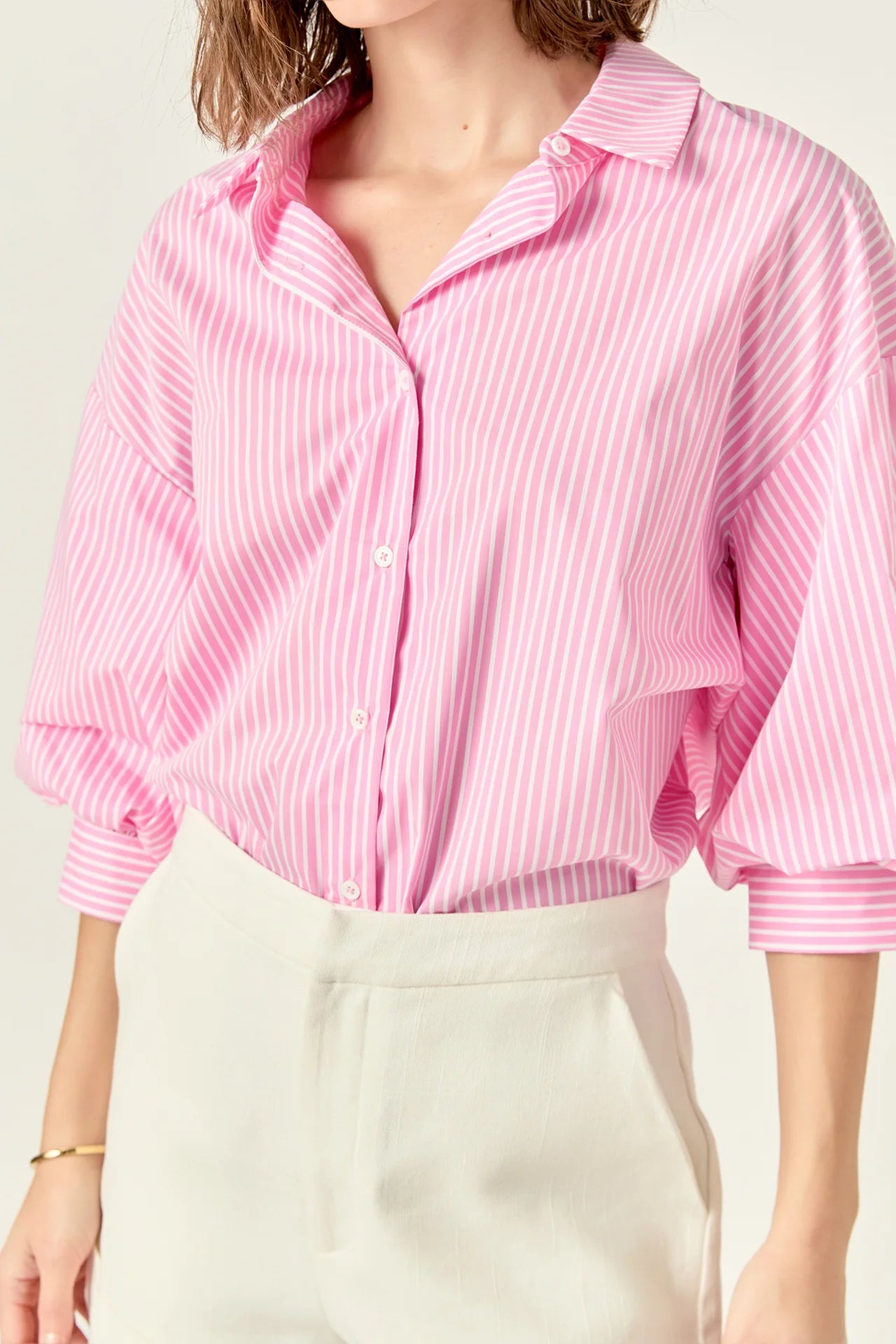 Striped Balloon Sleeve Shirt - Pink